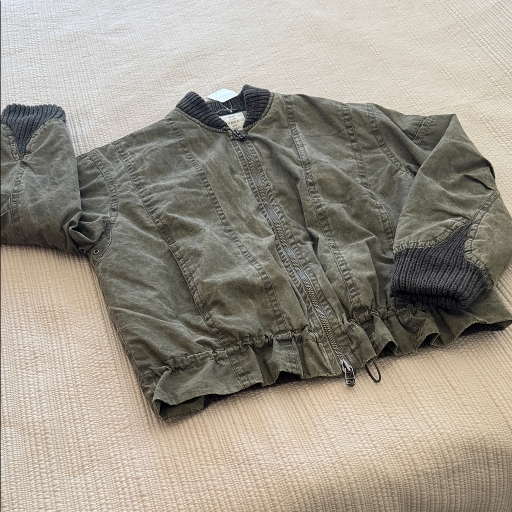 We The Free Khaki Bomber Jacket with Knit Accents